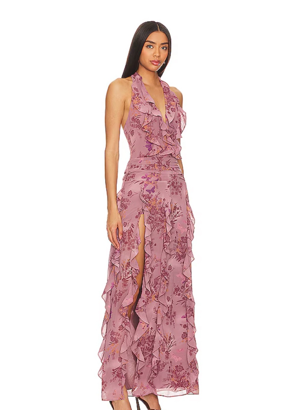 NBD Dusty Rose Floral Ruffled Halter High-Low Maxi Dress - Picture 2 of 7